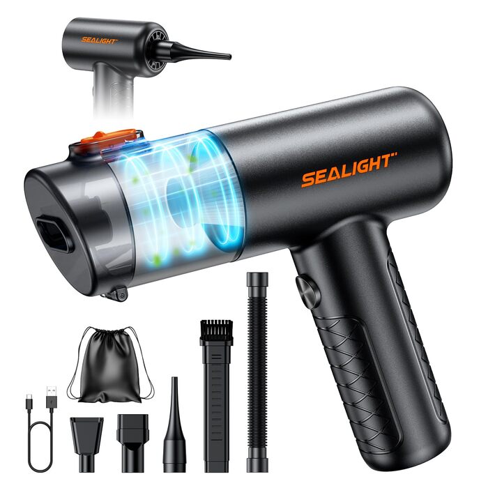 Акумуляторний ручний пилосмик SEALIGHT 32000Па, бездротовий автомобільний міні-пилосос 4-в-1 з безщітковим двигуном для шерсті тварин, авто та дому, темно-сірий матовий чорний