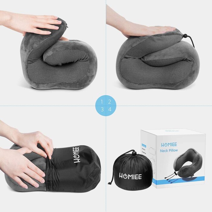 Подушка для шиї HOMIEE, подушка для подорожей, автомобіль, memory foam, ортопедична, для сну, офісу, подорожей (сіра)