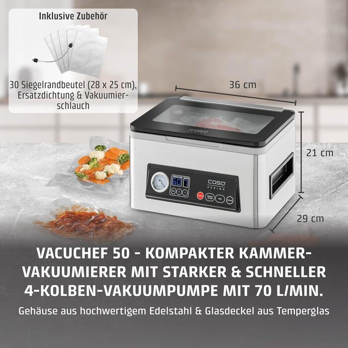 Вакуумний пакувальник CASO VacuChef 50 - 4л, 70 л/хв, подвійний шов, 30 пакетів, ущільнювач, шланг