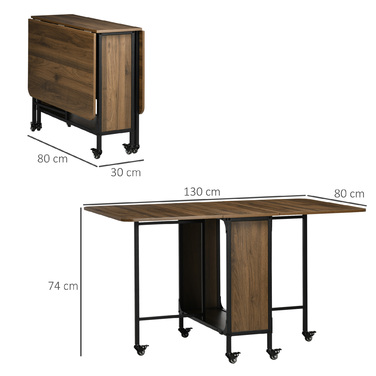 Складаний мобільний столик, 2 стільничні поверхні, 130 см x 80 см x 74 см, Колір: Коричневий