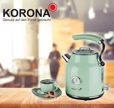 Електрочайник Korona 20665 1,7 л, м'ятний, ретро-дизайн, 2200 Вт, з термометром, фільтром від накипу та захистом від перегріву