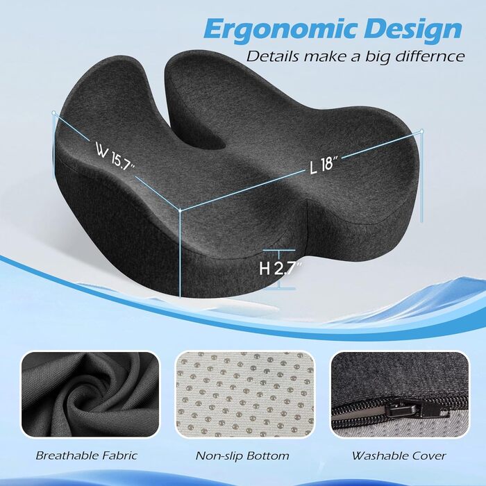 Подушка для офісного крісла Lofty Aim з піни Memory Foam: ортопедична, для попереку, від болю в сідницях, для офісу, авто, літака, інвалідного візка – чорний та темно-сірий
