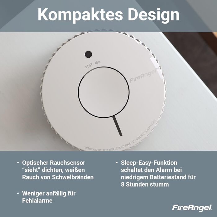 Датчик диму FireAngel FA6120-INT-T2 (2 шт.) з батареєю на 10 років, кнопкою тестування/вимкнення звуку, заміна ST-622/ST-620, білий.