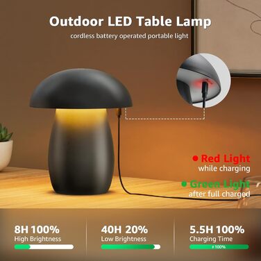 FUYO Pilz Lampe Kabellos: Бездротова лампа-гриб з торшером, сенсорне керування, регулювання яскравості та функція пам'яті, сучасний дизайн для спальні, вітальні та кемпінгу, елегантний чорний колір