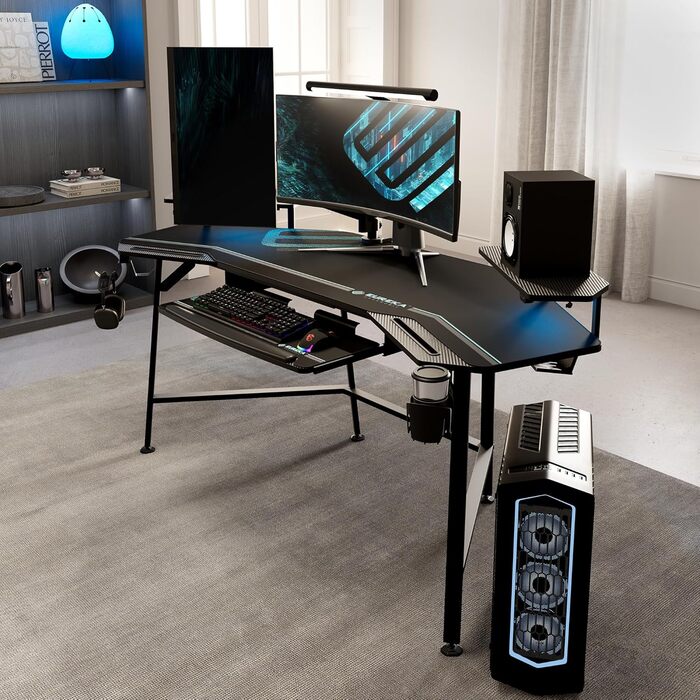 Ігровий стіл EUREKA ERGONOMIC 160x74 см - великий стіл у формі крила з 2 відсіками для iPad. Підходить для дому, офісу, стрімінгу. Чорний колір.