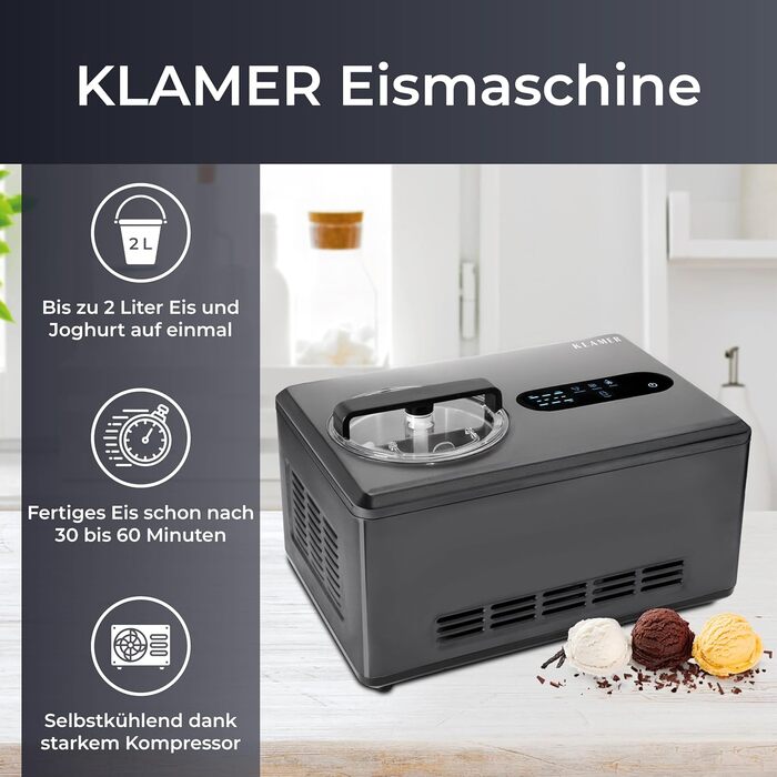 Машина для приготування морозива та йогурту KLAMER 2-в-1, 2 л, 220 В, з нержавіючої сталі, з функцією охолодження та нагрівання, самостійно охолоджується, регулювання консистенції, чорний