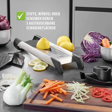 Овочерізка GEFU Violino: кубики, соломка, скибочки, 3 насадки, регульована товщина нарізки 1-5мм, безпечна, з ніжками