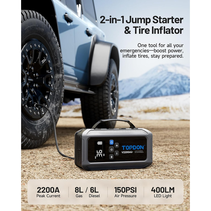 Пусковий пристрій TOPDON V2200 Air Jump Starter з компресором 150 PSI, бустер для авто (бензин до 8Л, дизель до 6Л), струм 2200А, LED-ліхтарем