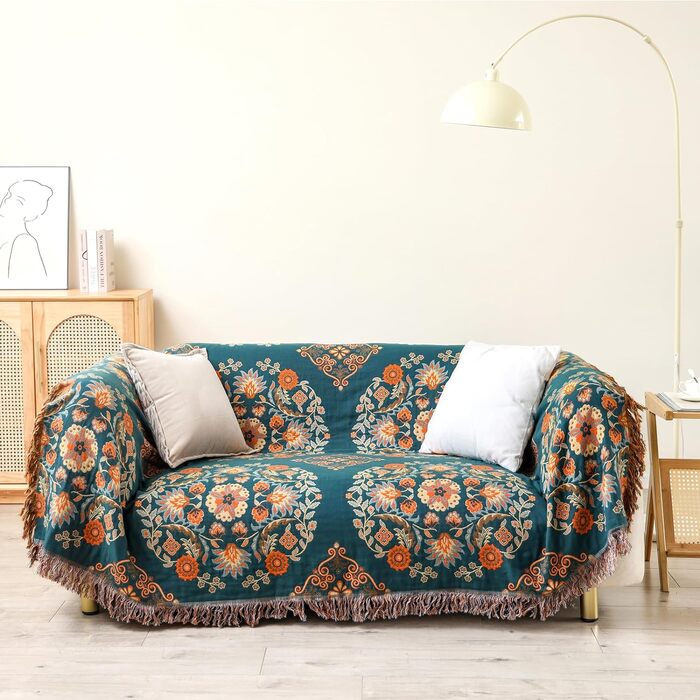 Двосторонній плед HOORDRY з бавовни Boho 150x200 см, покривало на ліжко, диван чи крісло, зелений та помаранчевий, з візерунком, для сну чи відпочинку