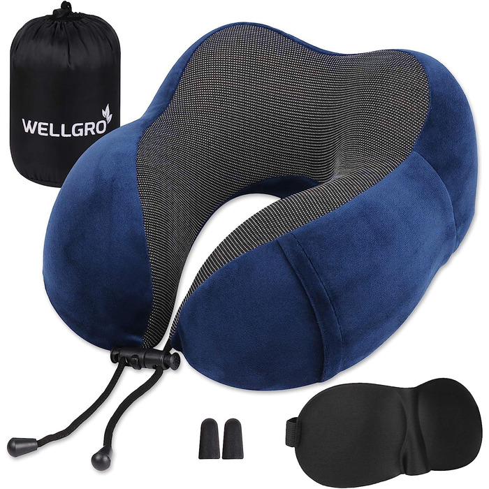 Дорожній набір WELLGRO: ортопедична подушка для шиї з пам'яттю форми, 3D маска для сну, беруші, знімний чохол, темно-синя