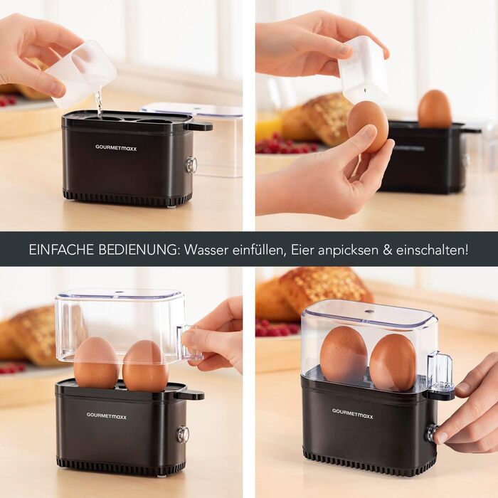 Електрична яйцеварка GOURMETmaxx на 2 яйця, енергозберігаюча, компактна, BPA free, з мірним стаканом і голкою, чорна