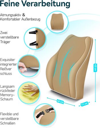Ергономічна подушка для спини з піни Memory Foam Travel Ease, ортопедичне лемденне сидіння для офісного та комп'ютерного стільця, антистатичний гіпоалергенний чохол, для комфортної постави, колір хакі