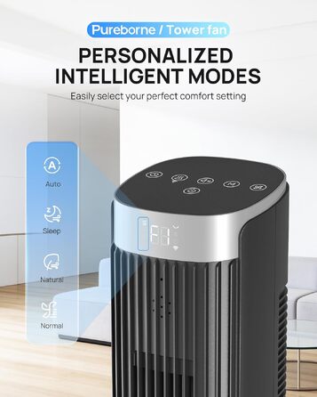 Вентилятор вежовий Leiser Smart 25дБ з осциляцією 90°, 4 режими, таймер 12 год, 109 см, чорний