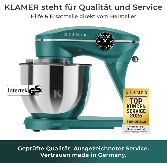 Кухонний комбайн KLAMER 1800W — Планетарний міксер для тіста з чашею 6л, 10 швидкостями та таймером, набір насадок (гак, вінчик, міксер), колір бірюзовий