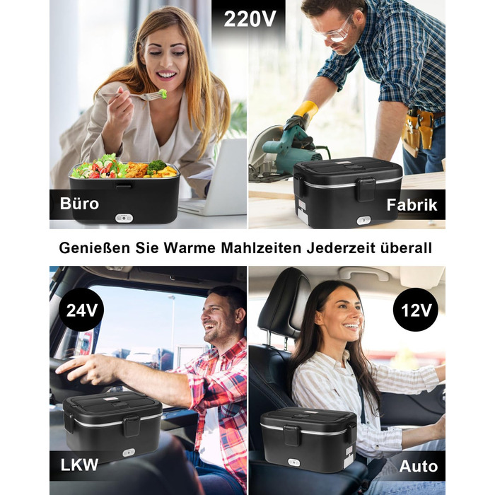 Електричний ланч-бокс AUTOPkio 1.8л 80Вт, підігрівач їжі 12В/24В/220В з сумкою, сталевим набором приборів для авто, вантажівок та офісу (Чорний)