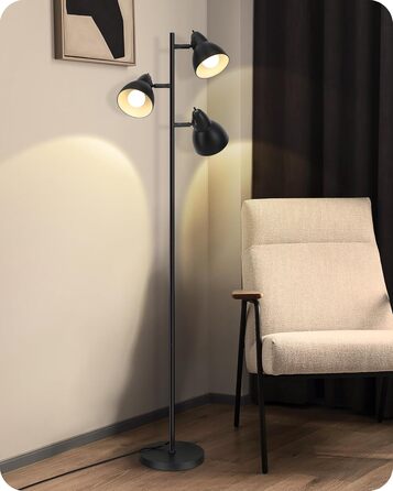 Торшер EDISHINE 163 см, 3 лампи, чорний, з LED-лампою E27, регульований, вінтажний, для вітальні, спальні, офісу, з індивідуальними вимикачами, сучасний дизайн, лампа у комплекті