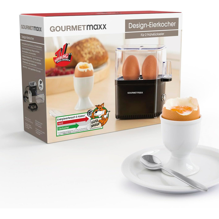 Електрична яйцеварка GOURMETmaxx на 2 яйця, енергозберігаюча, компактна, BPA free, з мірним стаканом і голкою, чорна