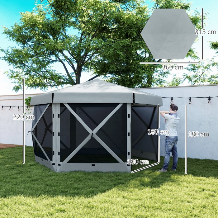 Outsunny Альтанка шестикутна приблизно 3,6x3 м Водонепроникна розкладна альтанка з 5 бічними панелями Сумка Foldable Marquee UV 30+ Winterfest Garden Tent Garden Альтанка для кемпінгу Garden Festival, світло-сіра
