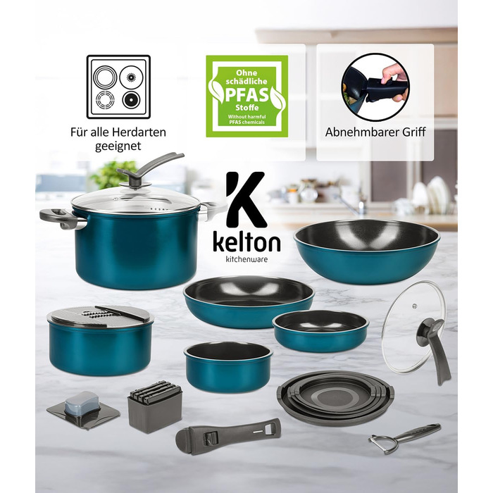 Набір каструль і сковорідок Kelton 3-в-1 з кришками та овочерізкою, 27 предметів, антипригарне покриття, без PFOA і PTFE, знімна ручка