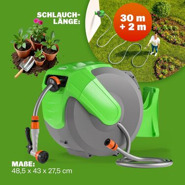 Шланговий барабан Gardebruk® 30м з тримачем для стіни, 2м шланг, багатофункціональна ручна лійка для душу, система автоматичного змотування, водяна коробка для саду 1/2'