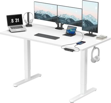 Регульований по висоті офісний стіл HUANUO 160x80 см з USB-C/USB-A, білий. Пам'ять на 4 положення, кабель-менеджмент