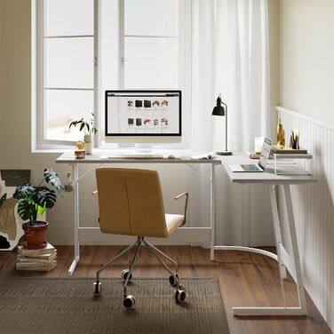 Кутовий письмовий стіл CubiCubi 120x120 см, білий, з полицею для монітора та шухлядами, комп'ютерний стіл для офісу, простий монтаж, місткий, компактний L-подібний стіл