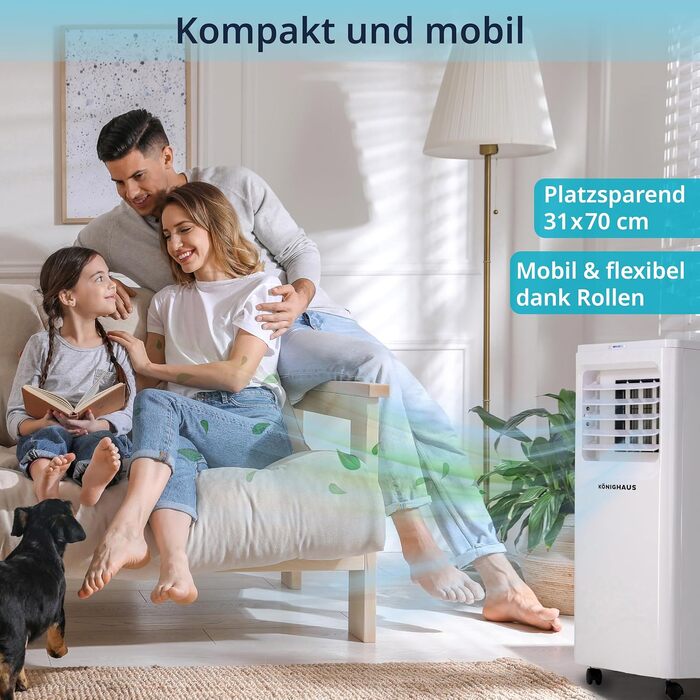 Мобільний кондиціонер Könighaus 7000 BTU для кімнат до 20м² 4-в-1: охолодження, осушення, вентиляція, очищення повітря. Енергоефективний (A), з пультом та керуванням через додаток