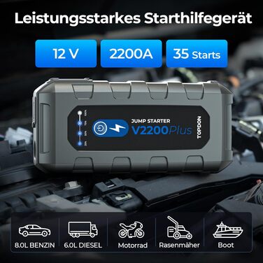 Пусковий пристрій TOPDON V2200 Air Jump Starter з компресором 150 PSI, бустер для авто (бензин 8L, дизель 6L), павербанк 2200А з LED-ліхтарем