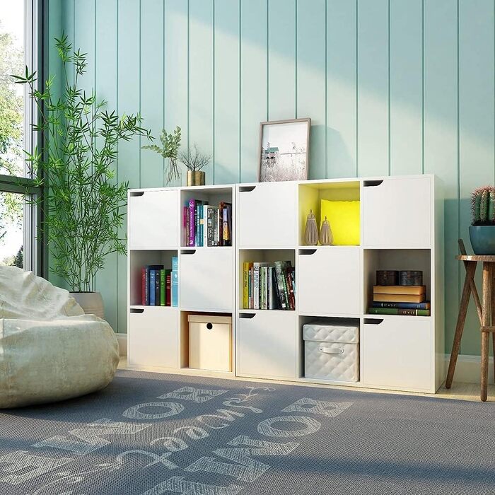 Meerveil книжкова шафа-бібліотека, 9 секцій з 5 дверцятами, біла, сучасний стиль, для офісу, вітальні, кабінету, коридору
