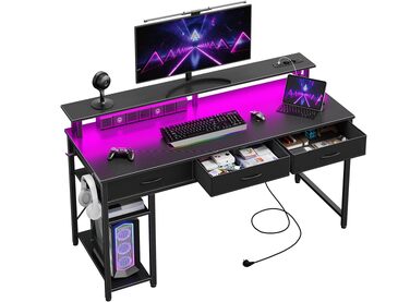 Письмовий стіл Seventable з шухлядами, комп'ютерний стіл з розетками та LED підсвіткою, геймерський стіл з підставкою для монітора, полицею та гаками, 120 см (Чорний)