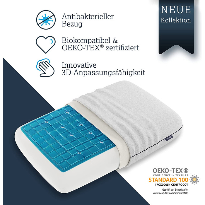 Ортопедична подушка для шиї Technogel New Generation Deluxe з гелем, антибактеріальна, для спини та бокового сну, з наволочкою