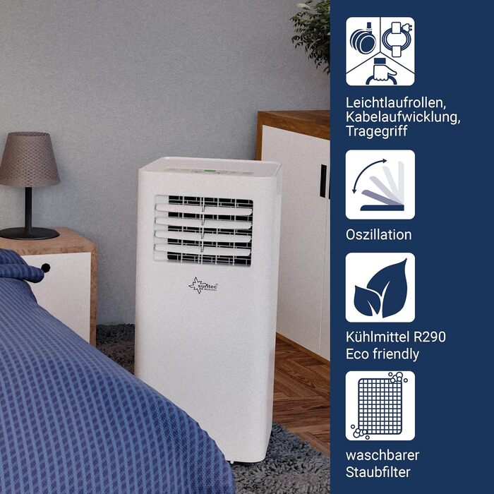 Мобільний кондиціонер SUNTEC Comfort 7.0 Eco R290, 2050 Вт, 7000 BTU, з відводом повітря, охолоджувач і осушувач для кімнат до 25 м², тиха робота, для дому та офісу