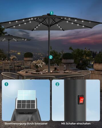 Сонячна парасолька SONGMICS 300 см з LED-підсвіткою, 32 лампочки, сонцезахист UPF 50+, нахил 30°, для саду, тераси, басейну, балкона, без основи, сіра