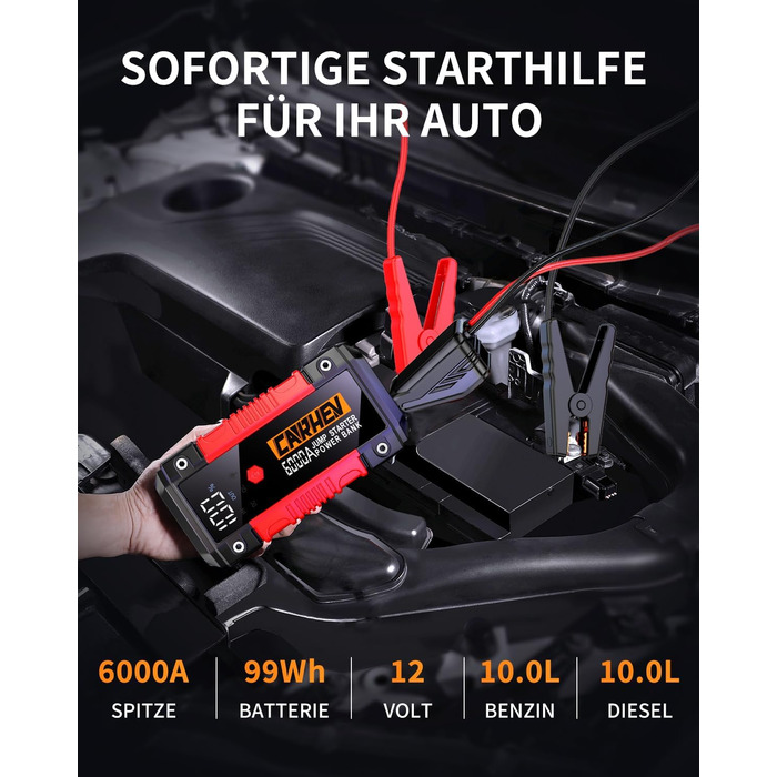 Powerbank для автомобіля Starthilfe: 6000A, 12V, для бензину та дизеля, LED-ліхтарик