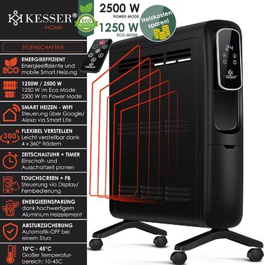 Електричний конвектор KESSER ECO 2500Вт з WiFi, термостатом, сенсорним дисплеєм, таймером, чорний, енергоощадний радіатор з додатком та пультом ДУ