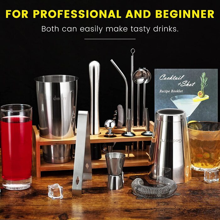 Набір для коктейлів Boston Cocktail Set 16 предметів з нержавіючої сталі, професійний, 600/450 мл, з аксесуарами для бару, бамбуковий підставка, подарунковий набір