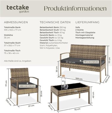 Комплект садових меблів з поліротангу tectake, стійкий до погодних умов: 2 крісла, лавка, стіл, набір для тераси, балкона, двору, колір натуральний