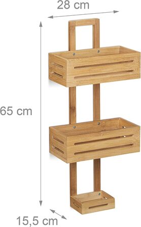 Душова полиця Relaxdays з бамбука, 65x28x15,5 см, підвісна полиця для душу з дерева з 3 відсіками, органайзер для ванної кімнати, антикорозійна, натуральна