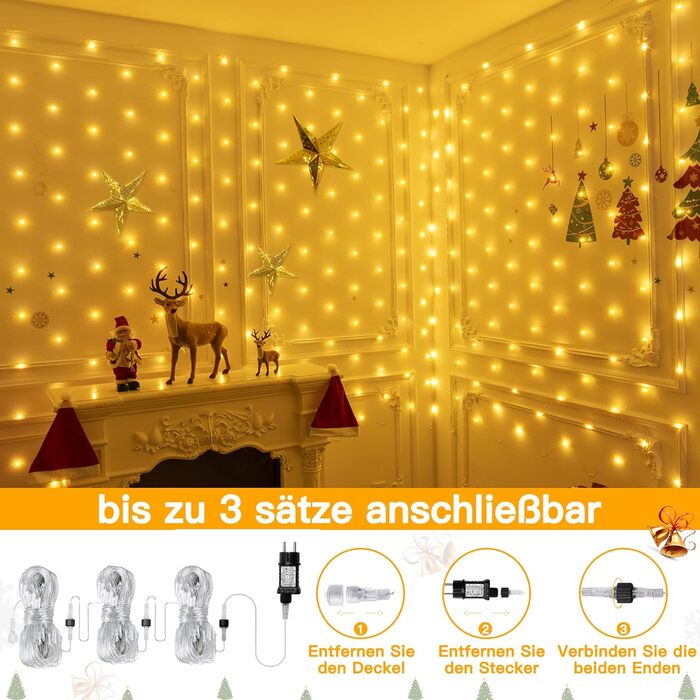 Світлодіодна сітка Ollny 3x2м, 200 LED, тепле біле світло, для вулиці та кімнати, з пультом, таймером, водонепроникна IP67, 8 режимів, для кущів, саду, балкона