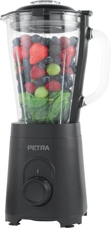 Скляний стаціонарний блендер Petra PT5531MBLKVDE, 1.5 л, BPA Free, 600 Вт, імпульсний режим, 2 швидкості, нержавіюча сталь, безпечна кришка, мірна шкала, для смузі