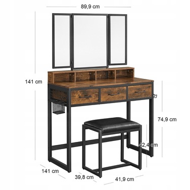 Туалетний столик Songmics у стилі ретро, напівматове дерево, 90 x 141 x 40 см