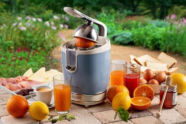 Електрична соковижималка Ariete Vintage 413, ретро дизайн, важіль, 2 прес-конуси для цитрусових, некапуючий носик, тихий мотор, 85 Вт, блакитна