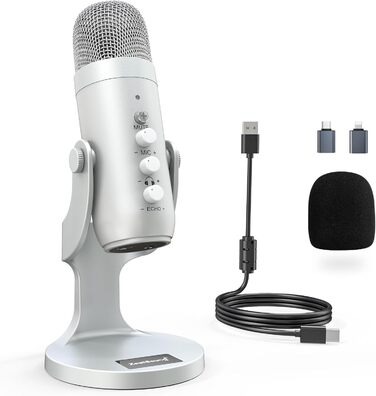 Zealsound USB мікрофон K66 сріблястий для подкастів, ПК, смартфонів, PS4/5, з шумозаглушенням, кнопками вимкнення/ехо/гучності, для ігор, запису, стрімінгу, YouTube, сумісний з Mac, Windows, Android
