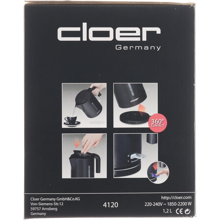 Електрочайник Cloer 4120, 2200 Вт, 1,2 л, чорний, захист від перегріву, велика індикація рівня води