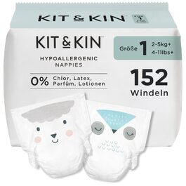 Преміум підгузки для новонароджених Kit & Kin розмір 1 (2-5 кг), гіпоалергенні та веганські, 152 шт.