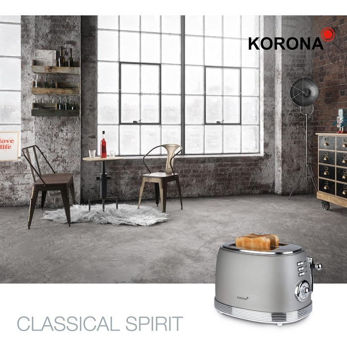 Тостер Korona 21667, 2 скибки, ретро дизайн, сірий, 6 режимів підсмажування, функції розморожування, підігріву та підсмажування, 850 Вт, підставка для булочок, піддон для крихт, центрування хліба