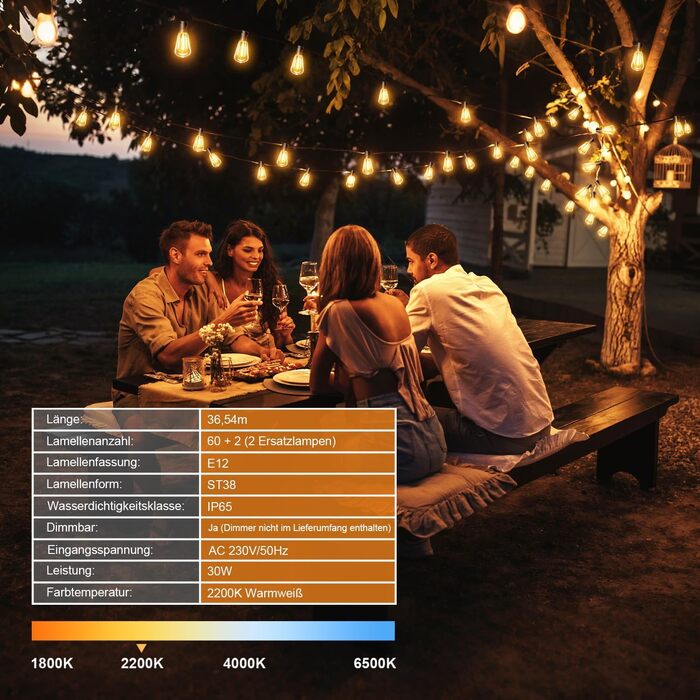 Гірлянда вулична LED 36м Lichterkette для саду, тераси, святкова, теплий білий, IP65, з роз'ємом