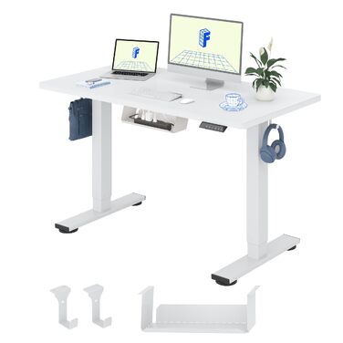 Регульований по висоті офісний стіл FlexiSpot Basic 100x60 см, білий - з кабель-менеджментом, гачком, цілісна стільниця, для дому та офісу