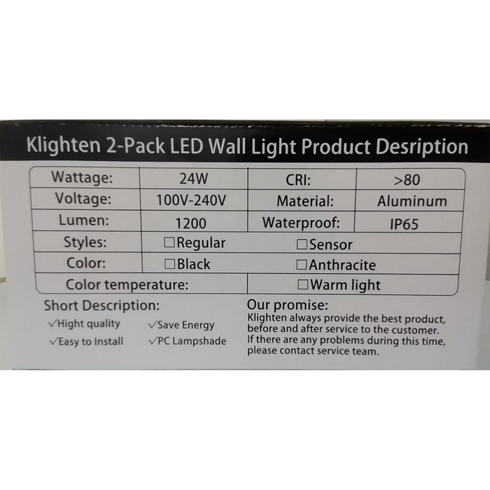 Klighten LED настінний світильник для вулиці, 2 шт, 3000K, IP65, алюмінієвий, чорний, для дому, саду та тераси