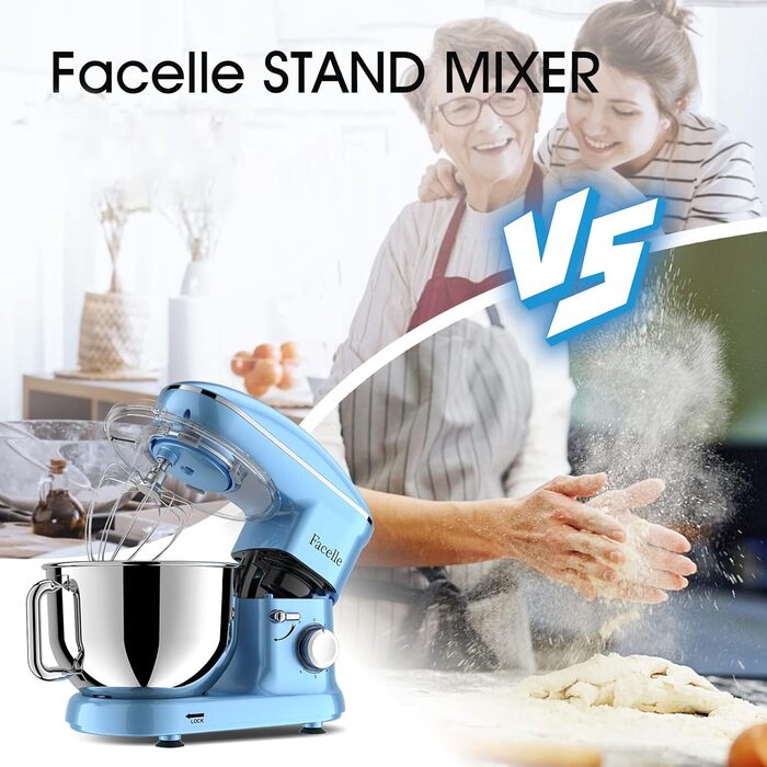 Кухонна машина Facelle 1500W з нержавіючою чашею 6.2L, 6 швидкостей, комплект насадок (блакитна)